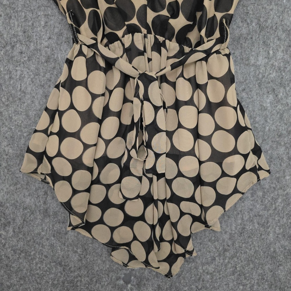 Line & Dot Blouse Womens S Black Polka Dot V Neck Sheer Tunic Handkerchief Hem - Picture 3 of 11